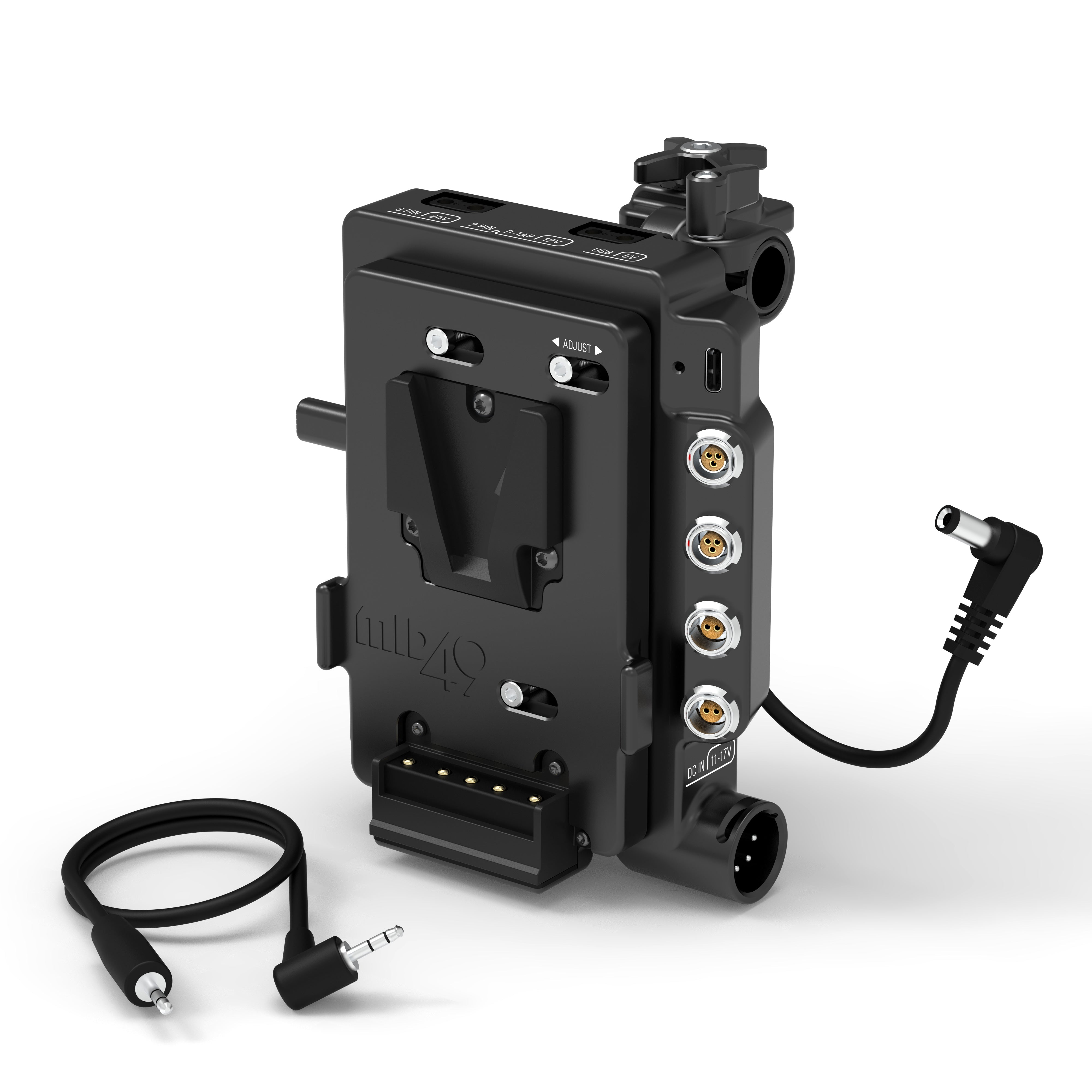 Black camera accessory with multiple ports and cables on a white background